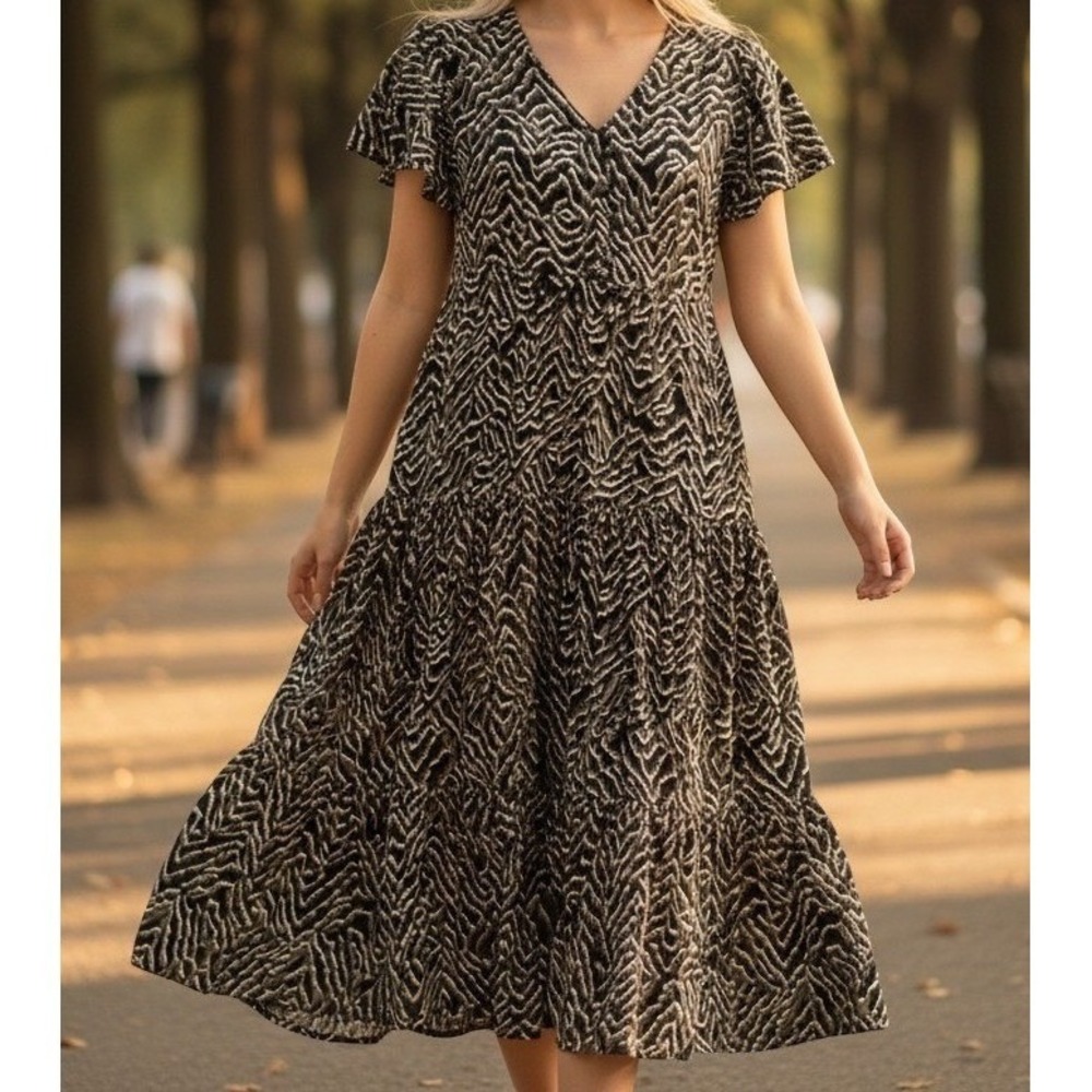 Loralette Maxi Dress Women 22 Plus Animal Print Tiered V-Neck Boho Pockets Flowy